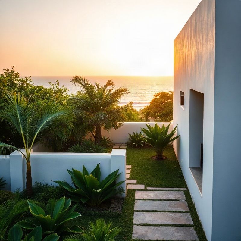 Modern Nyali villa exterior with garden and ocean glimpse
