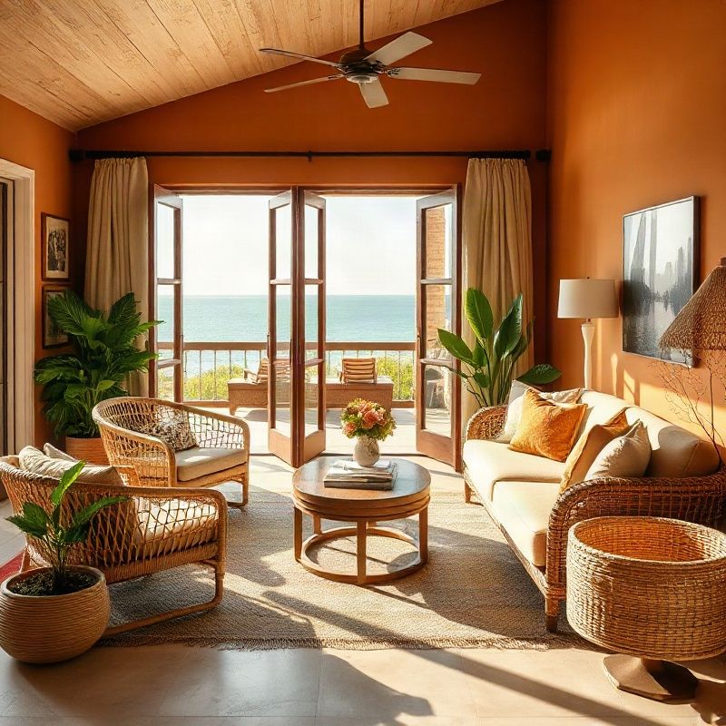 Coastal living room with ocean view and warm afternoon light